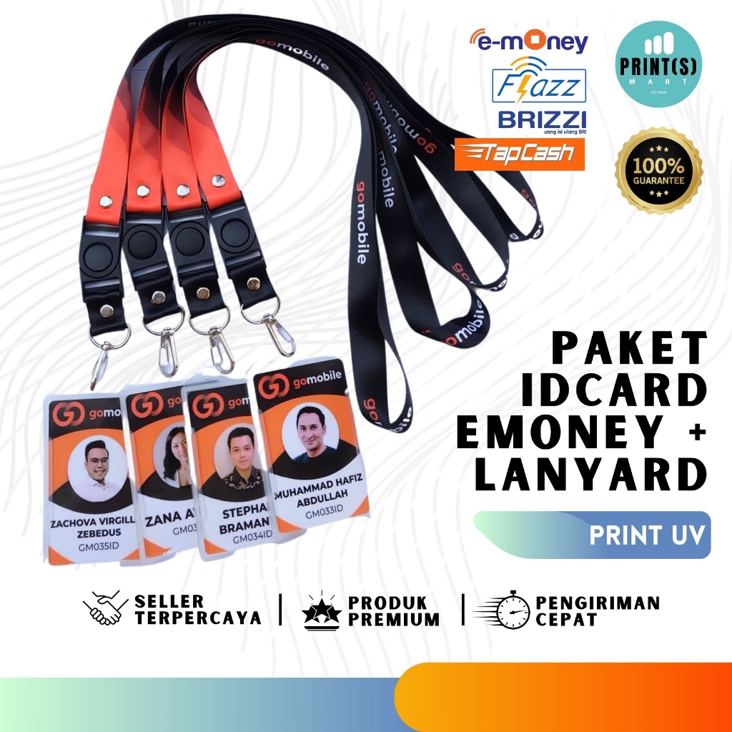 

Paket Emoney Card/ID Card + Lanyard Custom, e-Money /Etoll mandiri, TAPCAH BNI, BRIZZI BRI