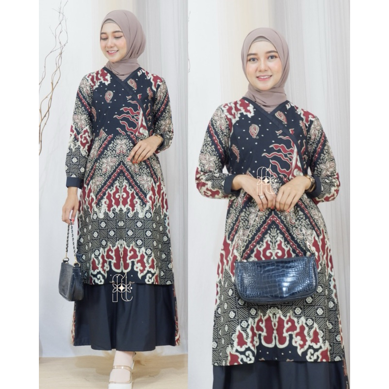 BATIK FAATIN | Gamis Batik Modern Kimono Kombinasi Polos