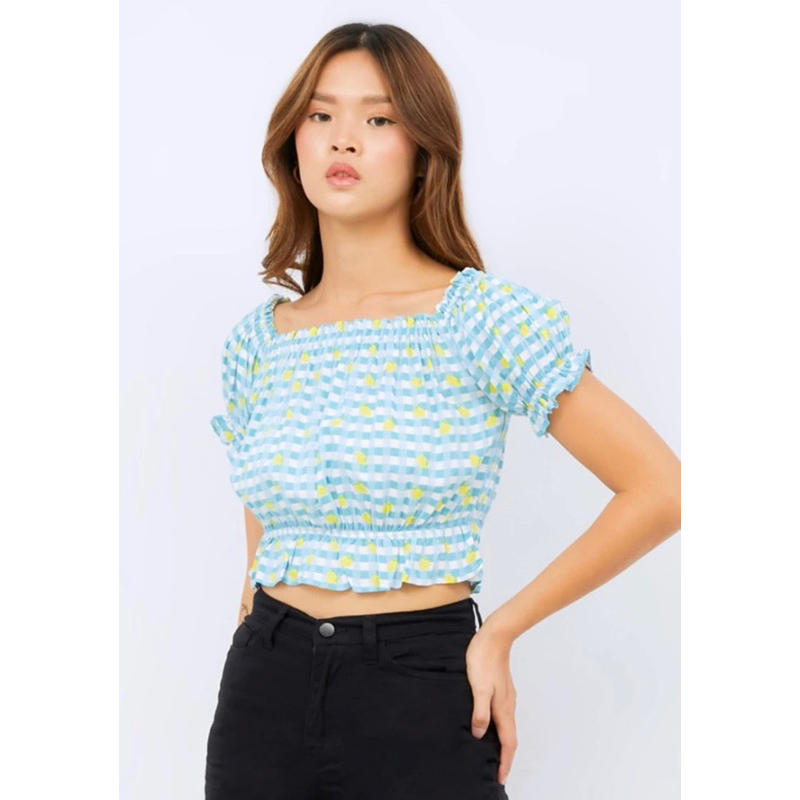 {Preloved} colorbox printed puff sleeve top l-bswkey -size L