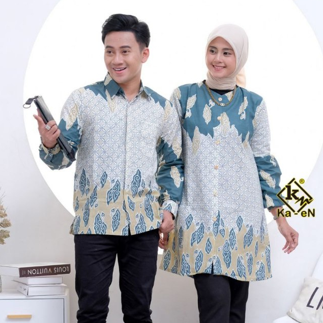 Batik Couple Mega Mendung Tosca hijau Sarimbit Pasangan Katun Motif M-XXXL Jumbo Lengan Panjang