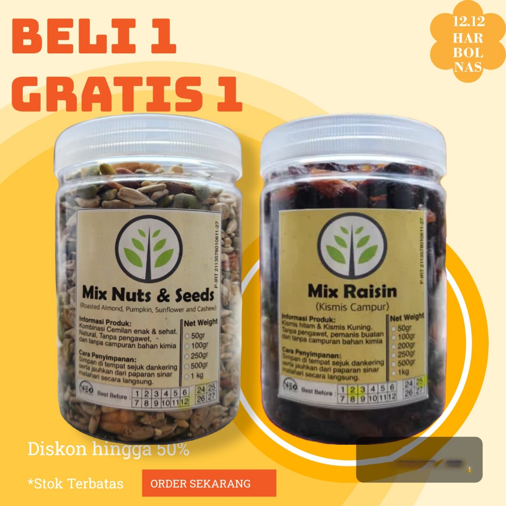 

Buy 1 get 1 Mix Nut Seed Complete Neo 500gram(1/2kg) + Mix Raisins Unsweetened / Kismis Kuning + Kismis Hitam