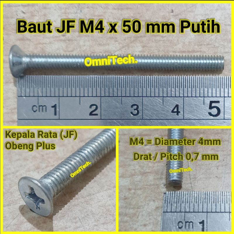 Baut JF Kepala Rata Obeng Plus M4 x 50 mm Putih Panjang 5cm 5 cm M4x50