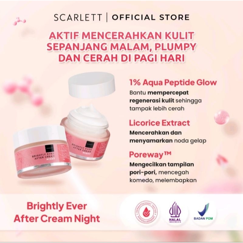 Scarlett Whitening Brightly Ever After Night Cream Moisturizer Krim Pelembab Wajah untuk Mencerahkan