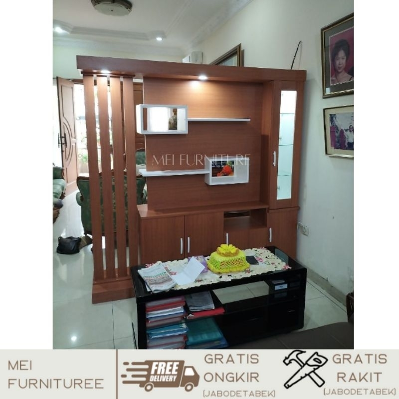Lemari partisi ruangan dua sisi/muka - penyekat tv kayu/ lemari pajangan pembatas ruang