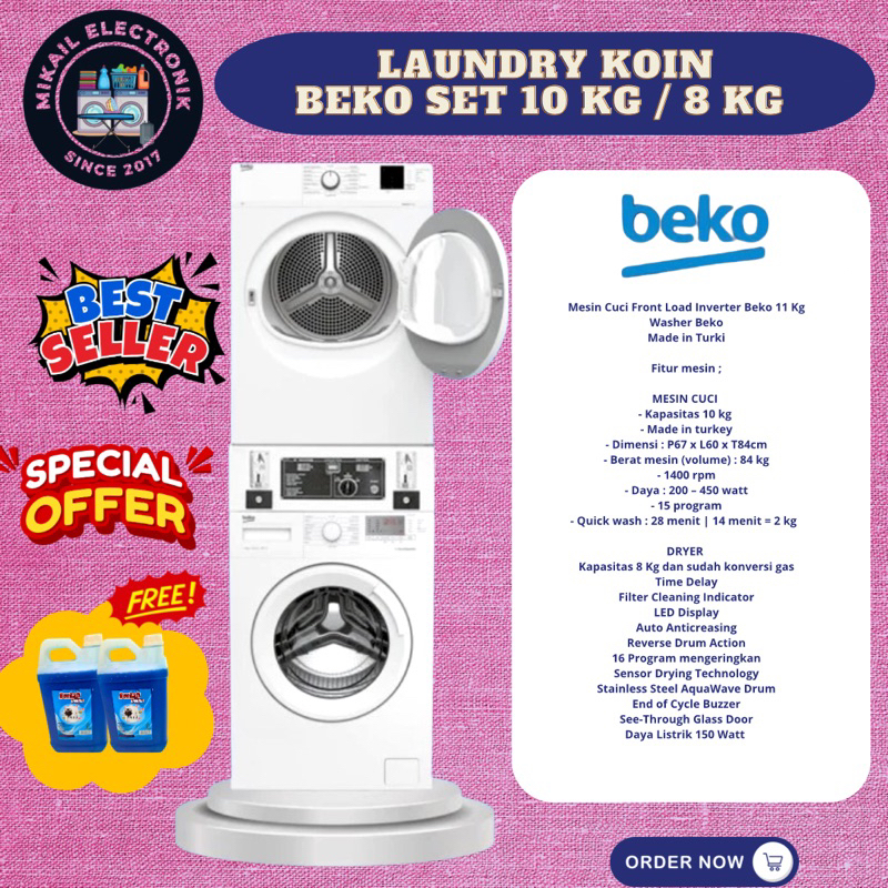 MESIN CUCI LAUNDRY  QRIS KOIN/ COIN BEKO WASHER 10 KG DRYER 8 KG