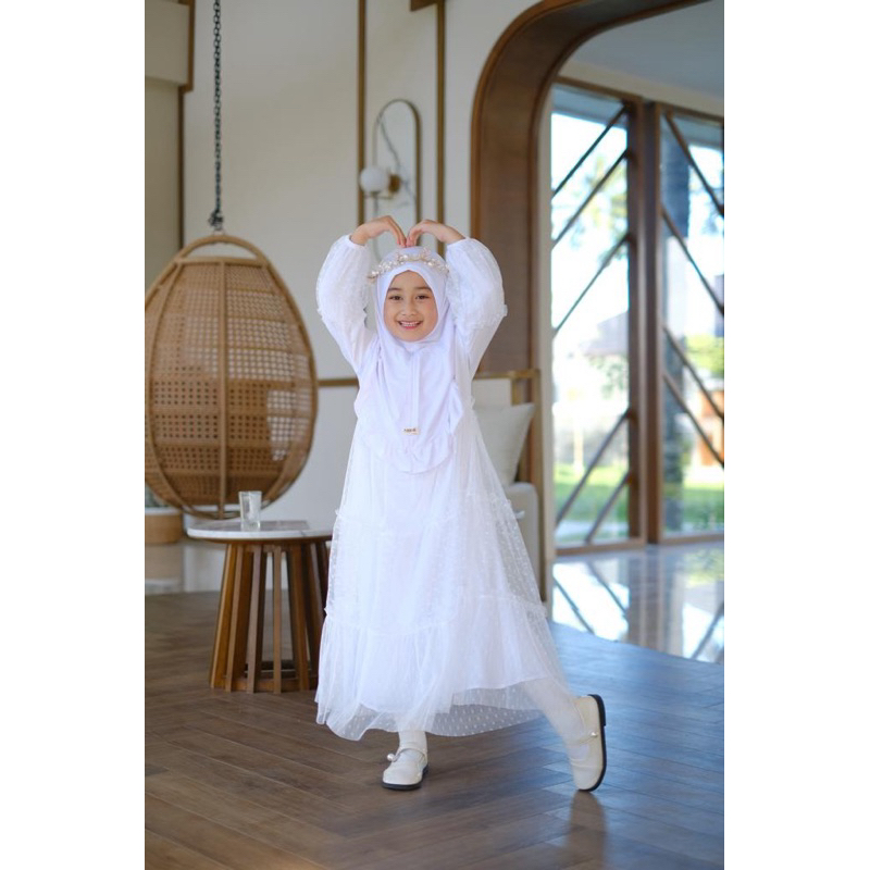 Gamis Elsa Set Kerudung Warna Putih Gamis Anak Elsa Bahan Rayon Twill Tile Dot Neeca Size 2 4 6 8 10 Tahun Murah