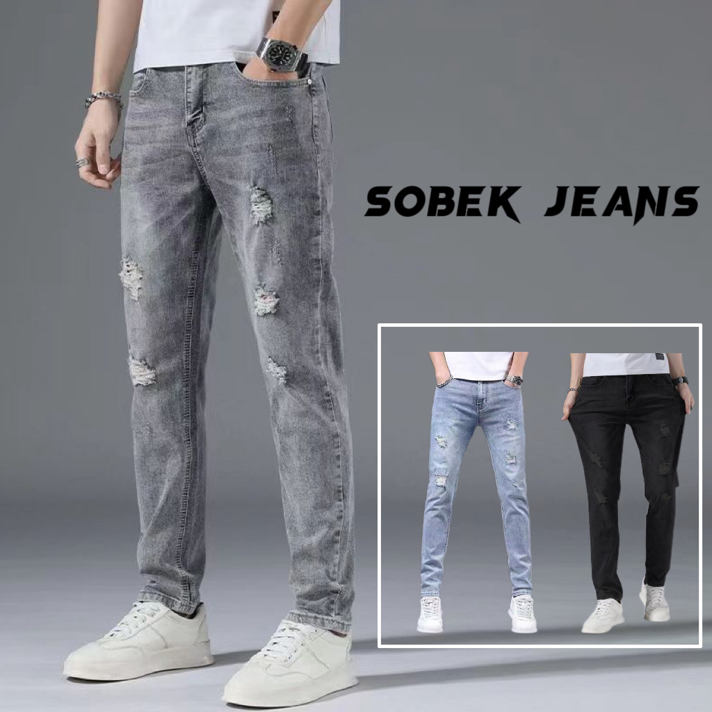 celana jeans pria sobek abu slim fit stretch ripped jeans pria kasual jumbo basic korean style skinn