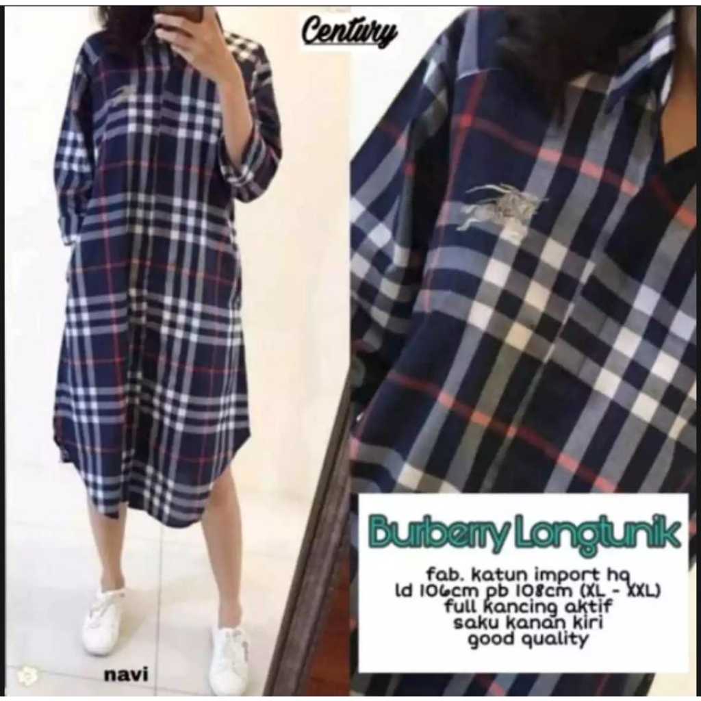 TUNIK BURBERRY OVER SIZE / TUNIKN MOTIF KOTAK KOTAK LENGAN PANJANG  / TUNIK WANITA HITS TERBARU