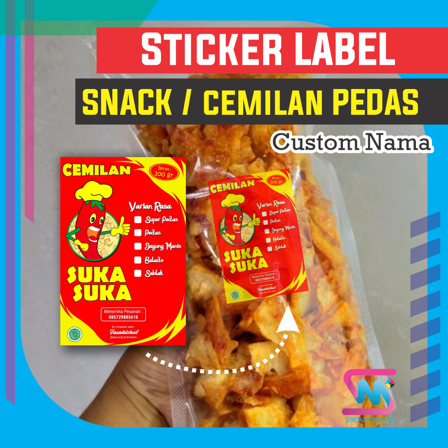 

Stiker Murah Bandung Sticker Label Kemasan Makanan Snack Cemilan Pedas Cromo Vinyl Costum Nama A3