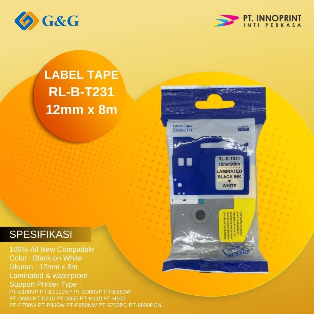 

Label tape G&G for Brother Label Tape TZE-231 12mm x 8m Black On White TZE231