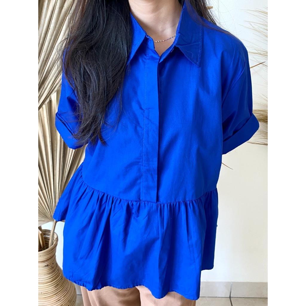 Kemeja Peplum Polos | Kemeja Wanita Kekinian Lengan Pendek Motif Polos Bahan Katun Nyaman untuk Kerj