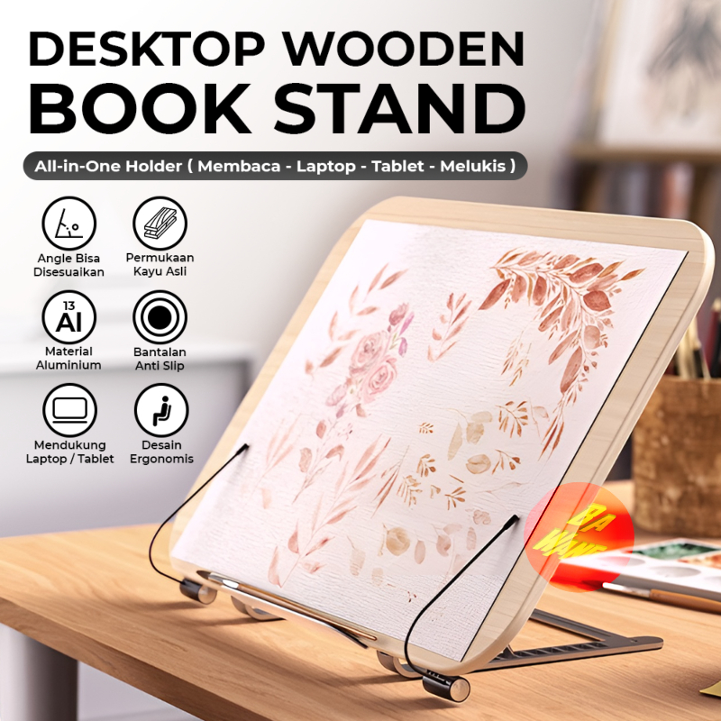 Stand Standing Holder Dudukan Alas Kayu Buku Tablet Laptop Tab iPad