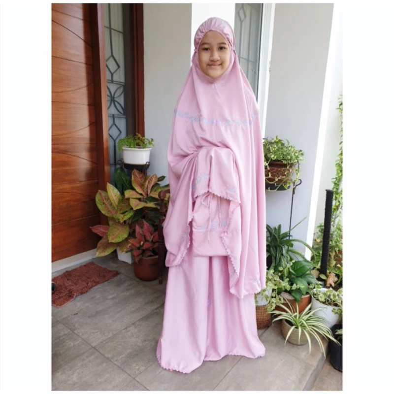 Mukena Bordir Set dengan Tas Bahan Satin Silk Premium LV Anak