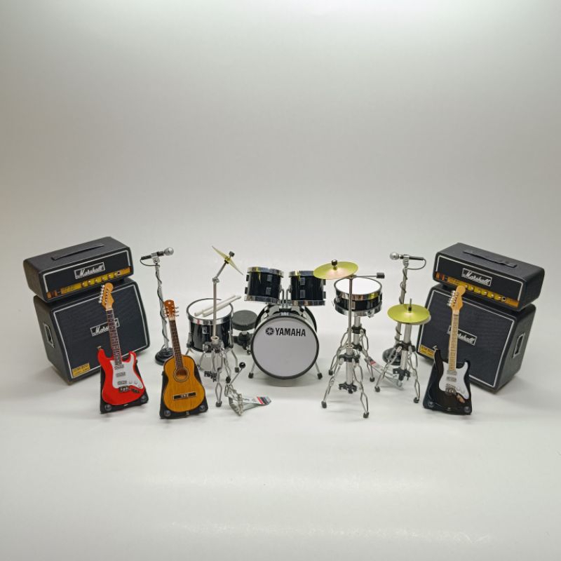 miniatur drum set yamaha black plus gitar mini 3 pcs miniatur alat musik 1 : 12