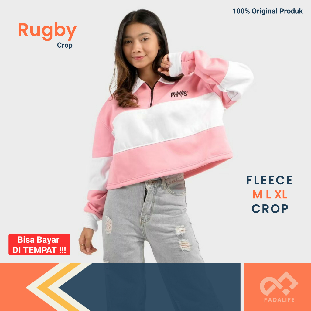 Sweater Rugby Crop Shirt jacket Vintage Kombinasi Warna Polos Dewasa Wanita Aksen Bordir Bahan Kain 