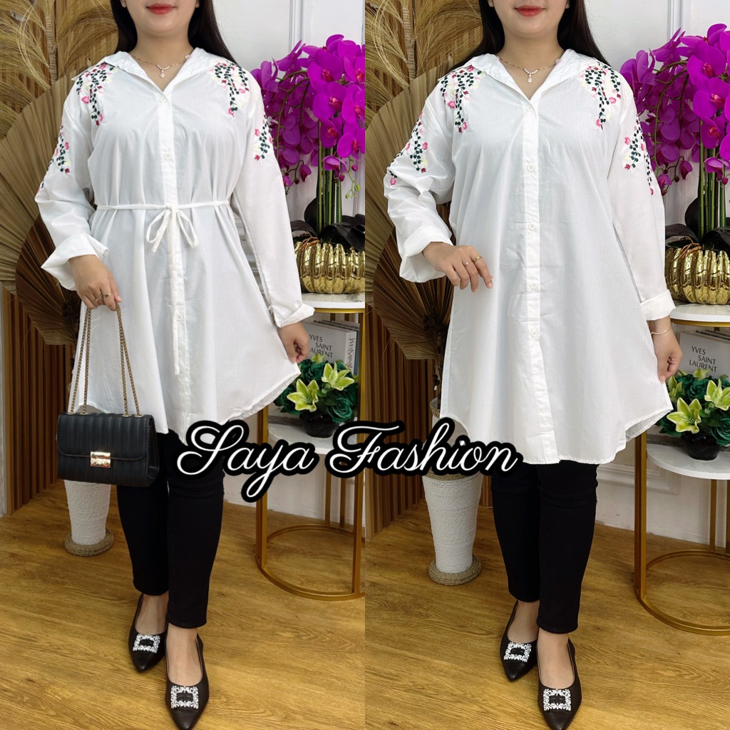 Tunik Katun Putih Bordir Kancing 108 Baju Atasan Muslim Jumbo