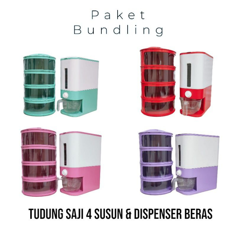 BUNDLING Dispenser Beras 12 Liter | Tudung Saji 4 Susun Tempat Penyimpanan Beras Rice Box Harga Term