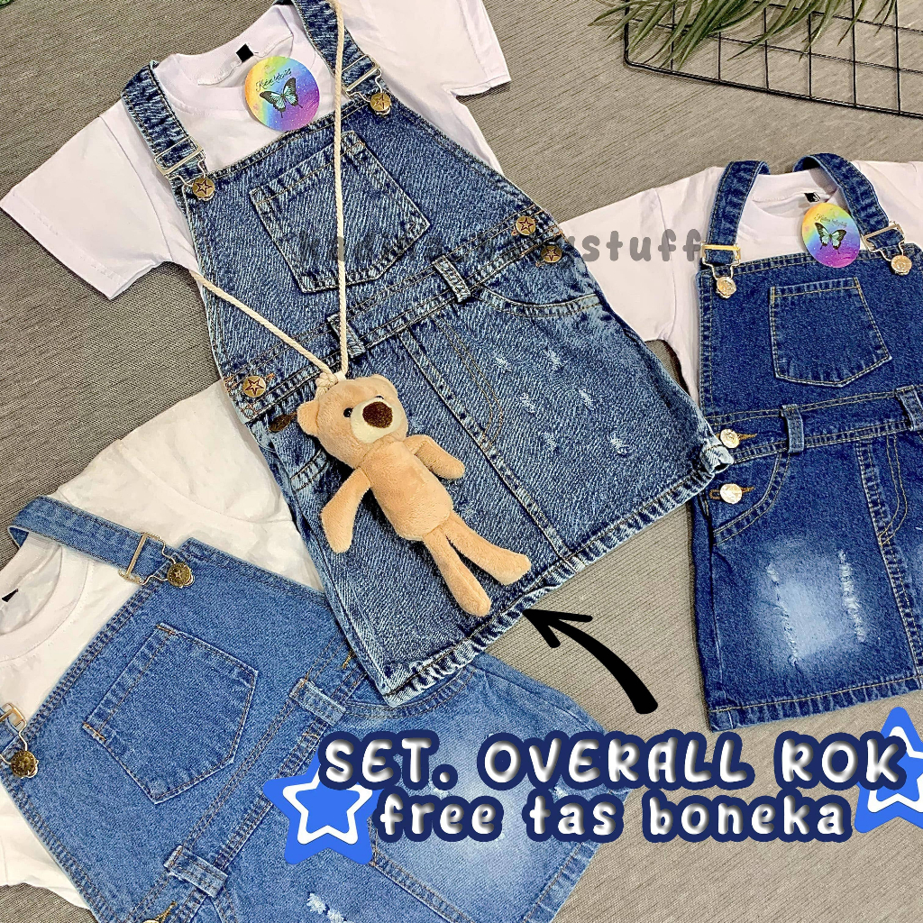 OVERALL ROK JEANS ANAK PEREMPUAN / SETELAN OVERALL ROK ANAK PEREMPUAN FREE BONEKA /  FREE BONEKA OVE