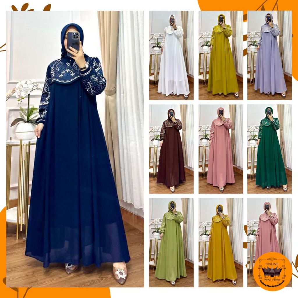 LF | Gamis Lestari Ceruty Babydoll Bordir Payet Busui Syari Free Hijab Segi Empat | SENTRA FASHION M