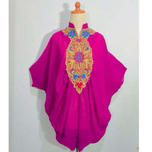 Atasan Blouse Dress Tunik model kaftan bahan siffon premium kombinasi bordir lengan batwing warna fu