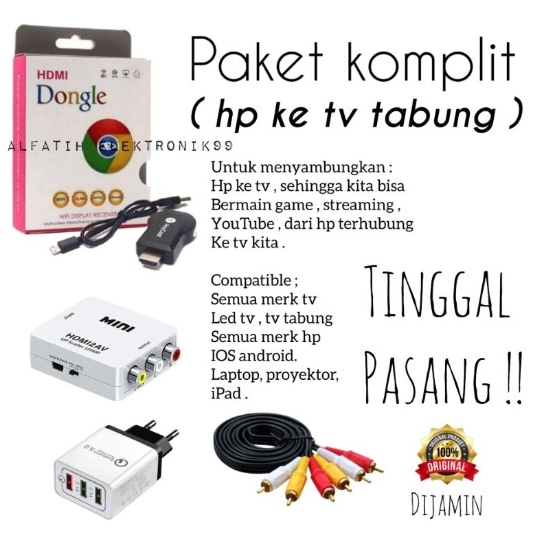 Laris PAKET SUPER LENGKAP ANYCAST DONGLE ALAT UNTUK MENYAMBUNGKAN HP KE TV TABUNG  PENGHUBUNG HP KE 