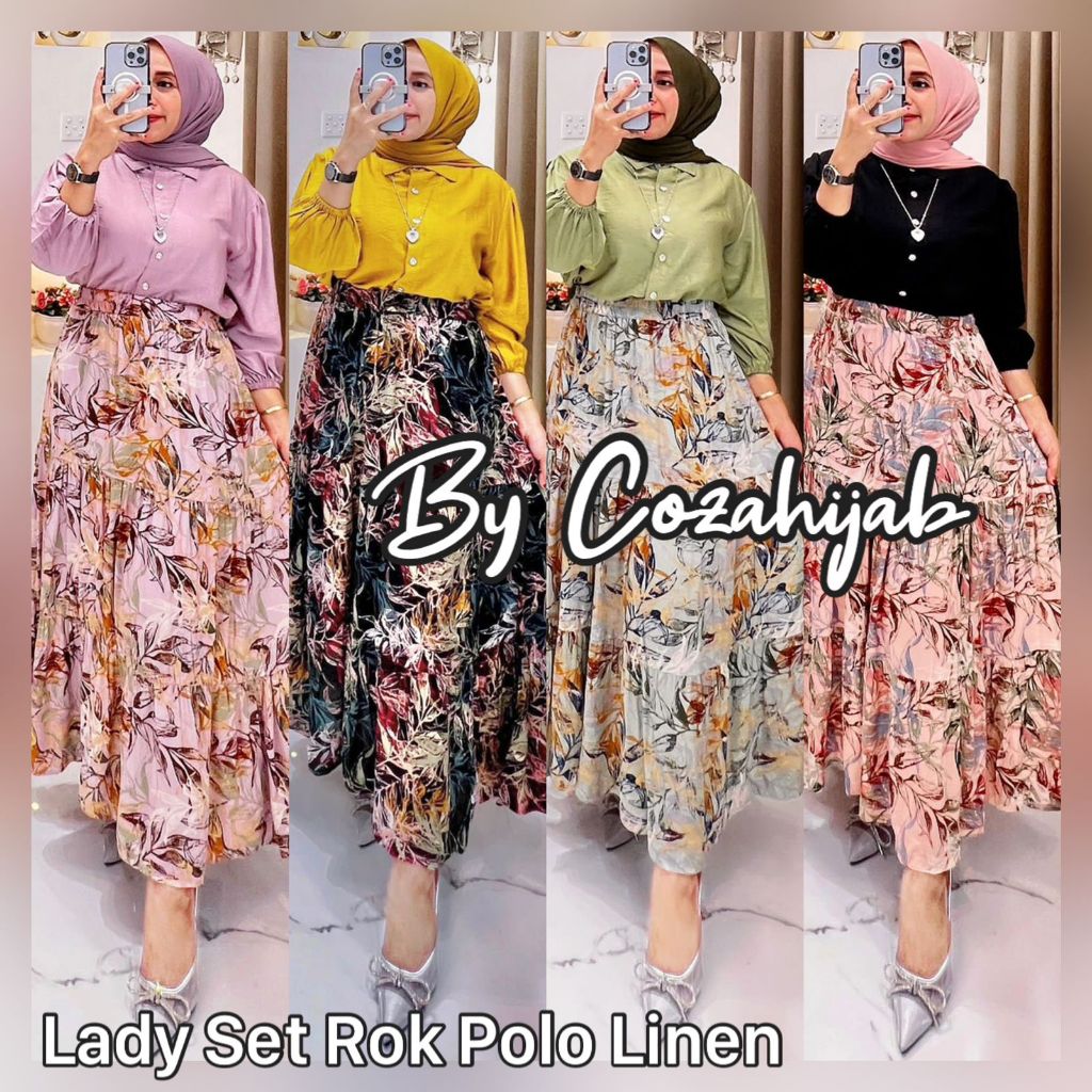 Set Rok Lady Bahan Kemeja Polo Linen Rok Rayon Diamond Motif