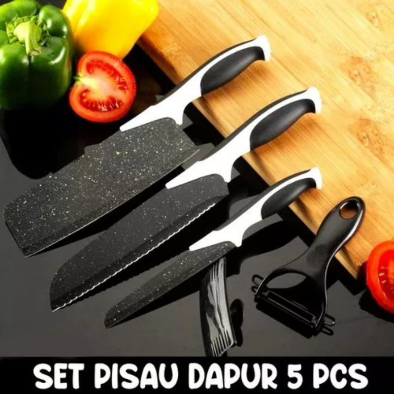 Set Pisau Dapur isi 5 pcs Pisau Dapur + Peeler Hitam / Set Pisau Premium / Set Pisau Batu Maifan / S