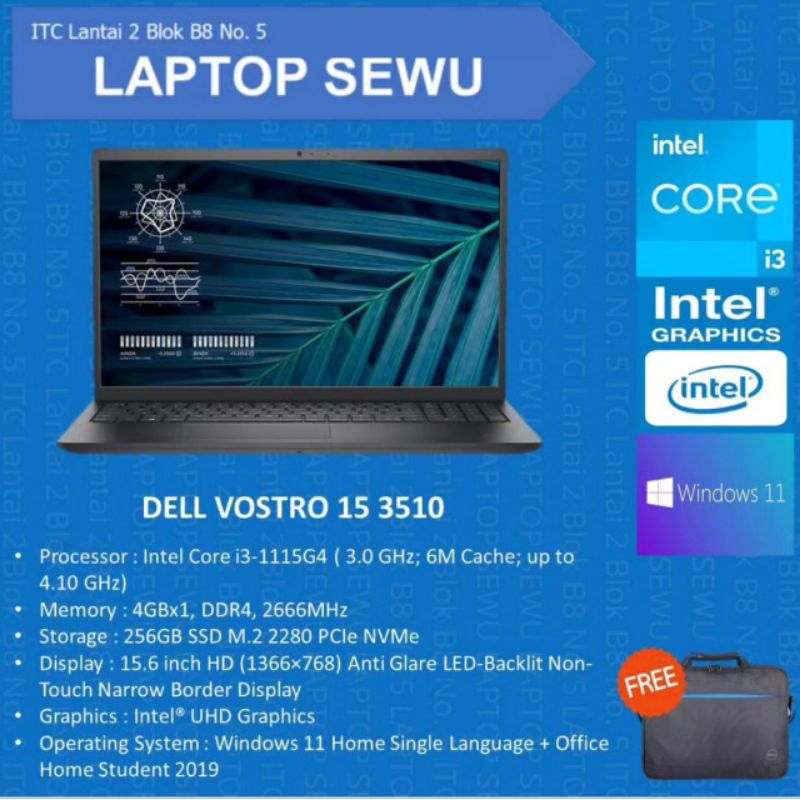 DELL VOSTRO 15 3510 INTEL CORE i3-1115G4 4GB SSD 256GB UHD 15.6" INCH WIN11