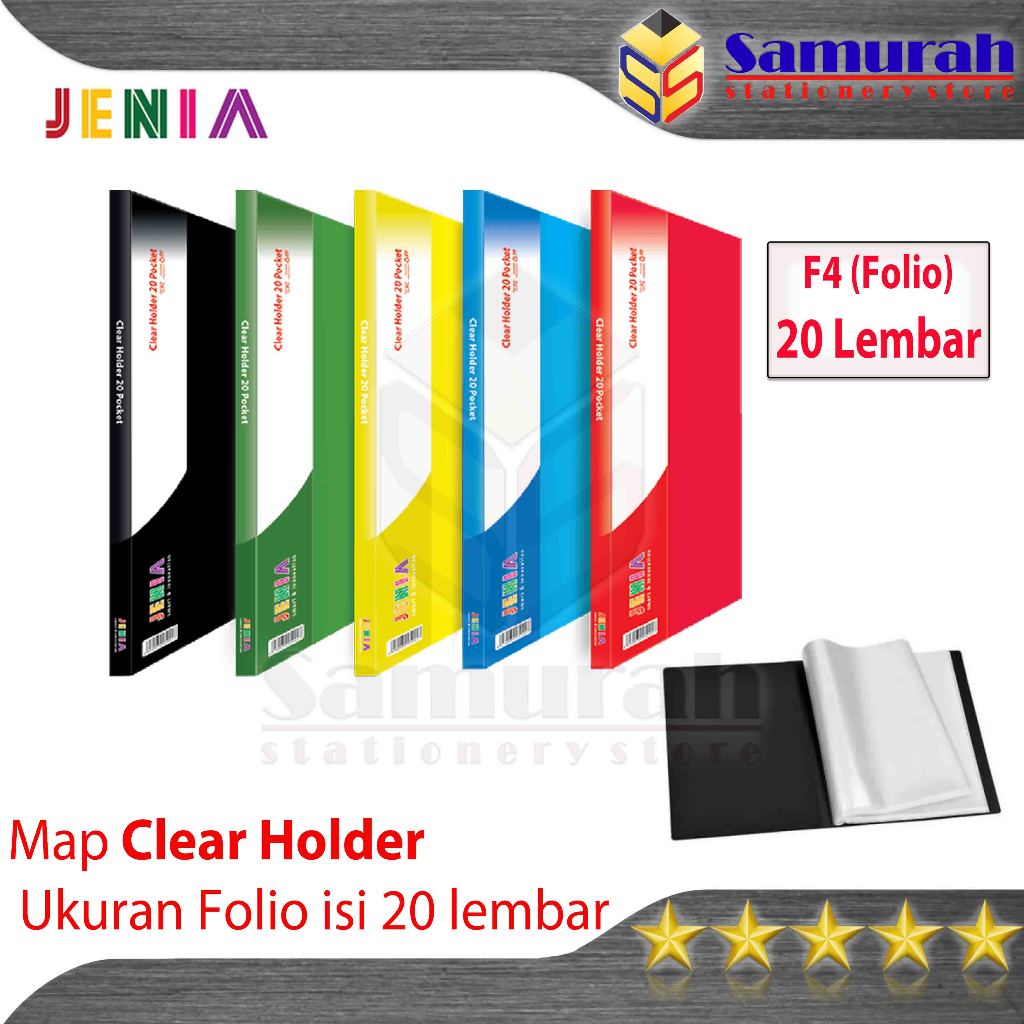 

Map Clear Holder 20 Pocket Polos Folio Jenia / Album Plastik isi 20 lembar Kantong Bening / Map Katalog List Harga Warna Merah Biru Kuning Hijau HItam