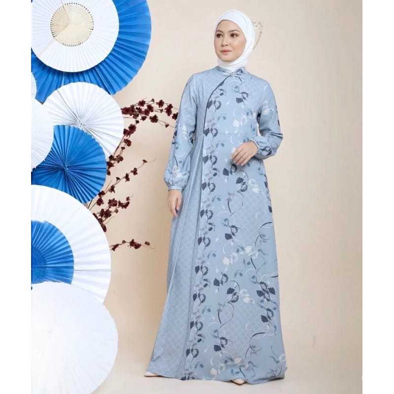 Zoya Haruma Dress Blue - Gamis Motif Wanita - Wudhu Friendly