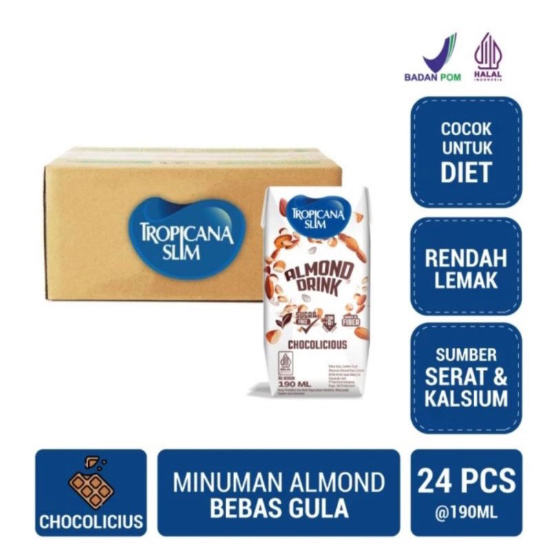 

Tropicana Slim Almond Drink Chocolicious 190ml (1 Karton / 24 pcs) - Minuman Almond Cokelat Bebas Gula Ready to Drink