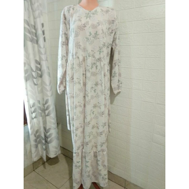 Elmika Store || Gamis Lebaran - Gamis Bahan Adem Murah - Gamis Motif Bunga Warna Putih Tulang / Krem