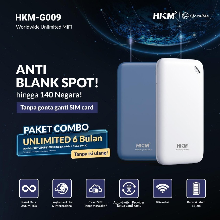 Modem MiFi 4G HKM G009 Glocal Me - UNLOCK ALL Operator   Kuota Unlimited -Worldwide Portable WiFi GlocalMe Garansi Resmi 12 Bulan K415 - FacoStore