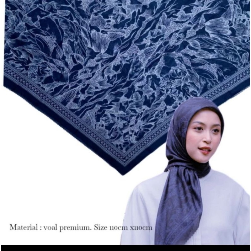 Hijab segi empat motif kirana warna denim kerudung voal premium