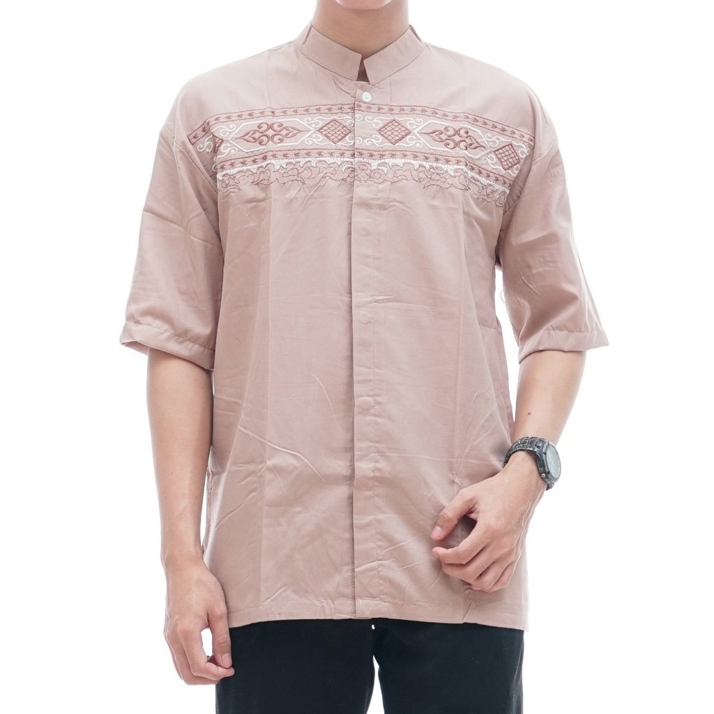 YAZAKA Baju Kemeja Koko Pria Motif Bordir Model RV3 Cream Lengan Pendek Muslim Terbaru