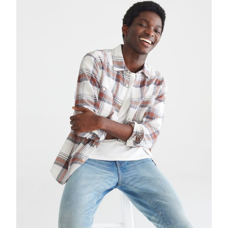Aeropostale Kemeja Flanel Pria Lengan Panjang Kemeja Kotak Kotak Flanel Hem Flanel Kotak Kotak Pria