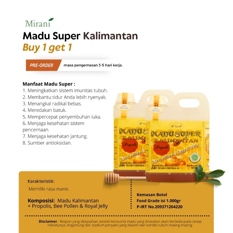 

MIRANI - Madu Super Kalimantan Propolis 1 kg almar'ah (buy 1 get 1)