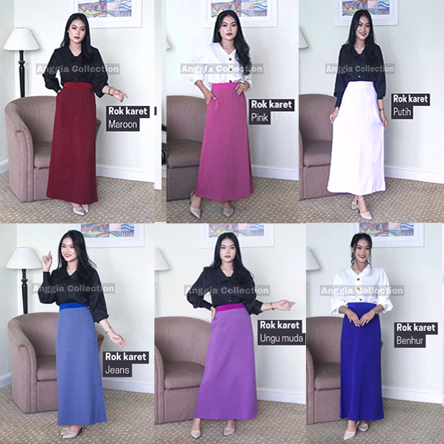 Rok Kerja Model A Full Karet warna maroon-pink-putih-biru jeans-ungu muda-biru benhur