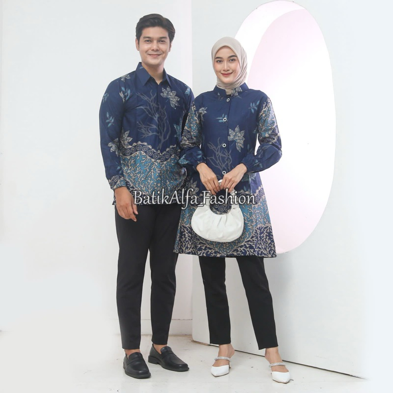 Atasan Batik Tunik Wanita Lengan Balon Couple Kemeja Pria Terbaru - Motif Sakura