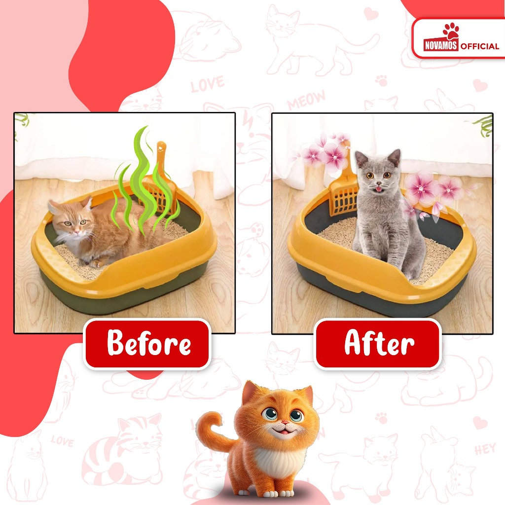 NOVAMOS Paket Odor Remover 250 ML + Refil 1 L - Penghilang Bau Kotoran Kucing dan Anjing Pet Odor Remover Spray Parfum Pewangi Pengharum Pasir Kucing Penghilang Bau Pesing Kandang Kucing