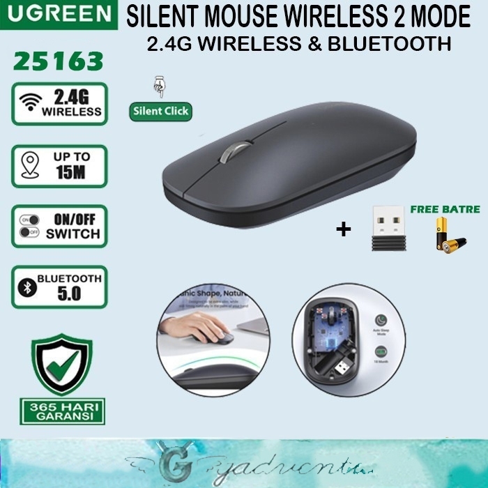 Ugreen BT Mouse Wireless USB + Bluetooth Silent Click Optical 4000DPI Untuk iPad Macbook Air Pro Sam