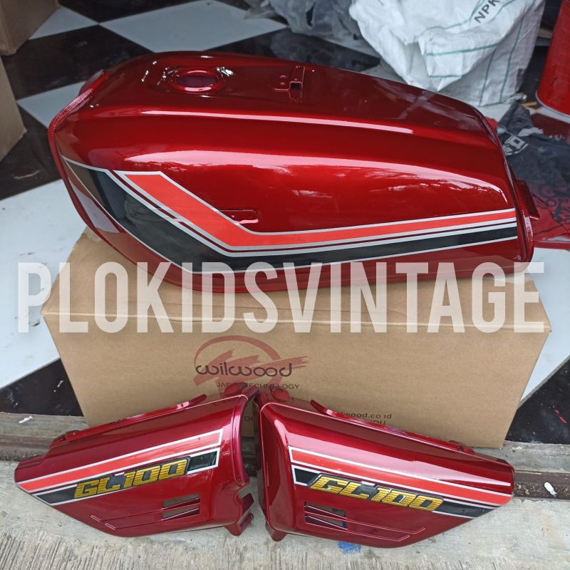 TANGKI TANKI GL 100 STRIPING K5 MERAH MAROON SET BOK AKI BONUS EMBLEM