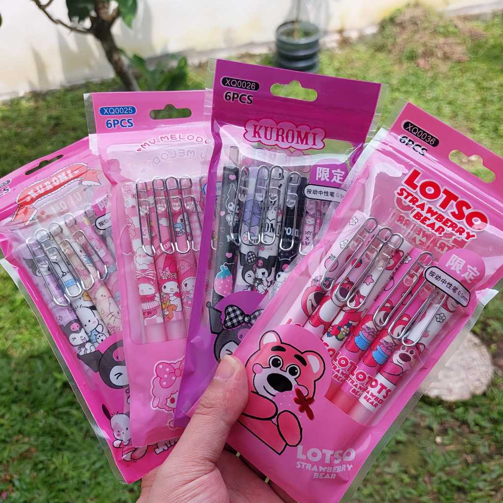 

( 6pcs ) Pulpen Gel Cetek Sanrio Pena Lotso Kuromi Melody Cinamoroll Hello Kitty