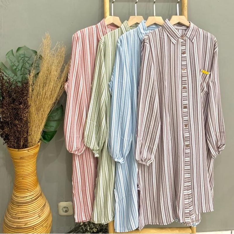 Tunik Bahan Crincle Motif Salur/ Kemeja Tunik Motif Salur/ Kemeja Bahan Crincle/ Tunik Bahan Cirncle