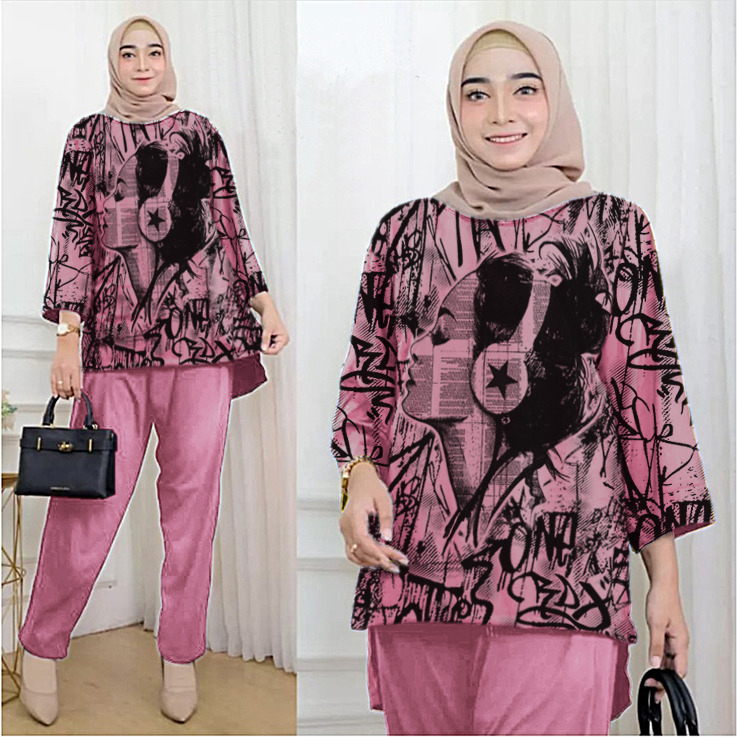 One Set Wanita Setelan Oversize Abstrak Girl