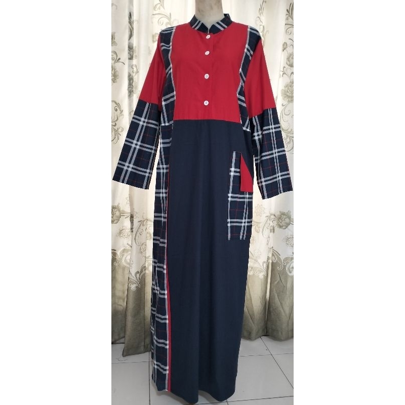 Gamis wanita dewasa kain katun motif  kotak kotak