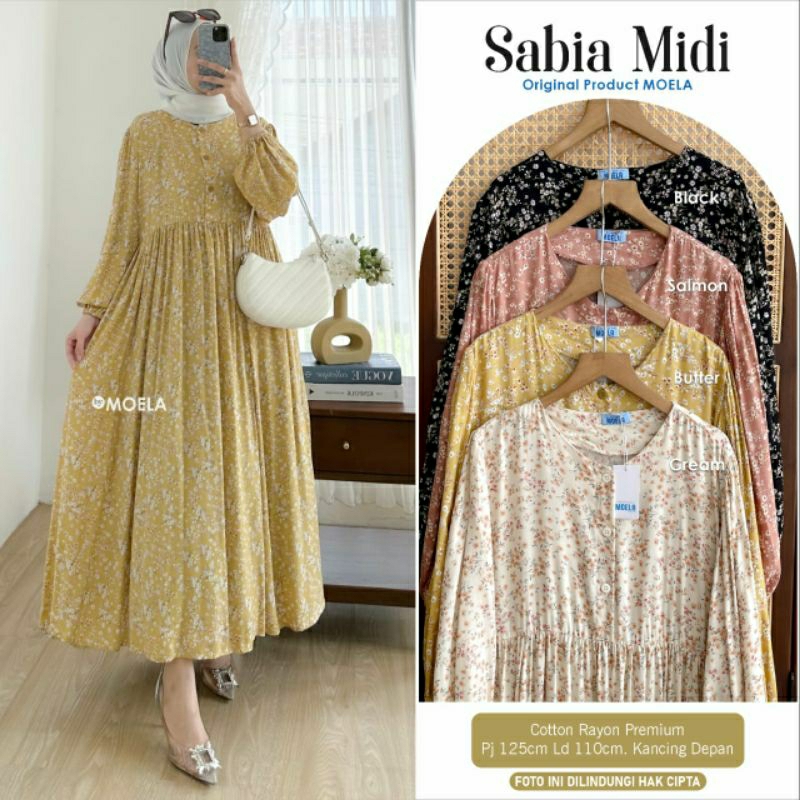 Sabia Midi By Moela | Midi Dress Rayon Premium XL Ld110 Motif Bunga Cantik Best Seller
