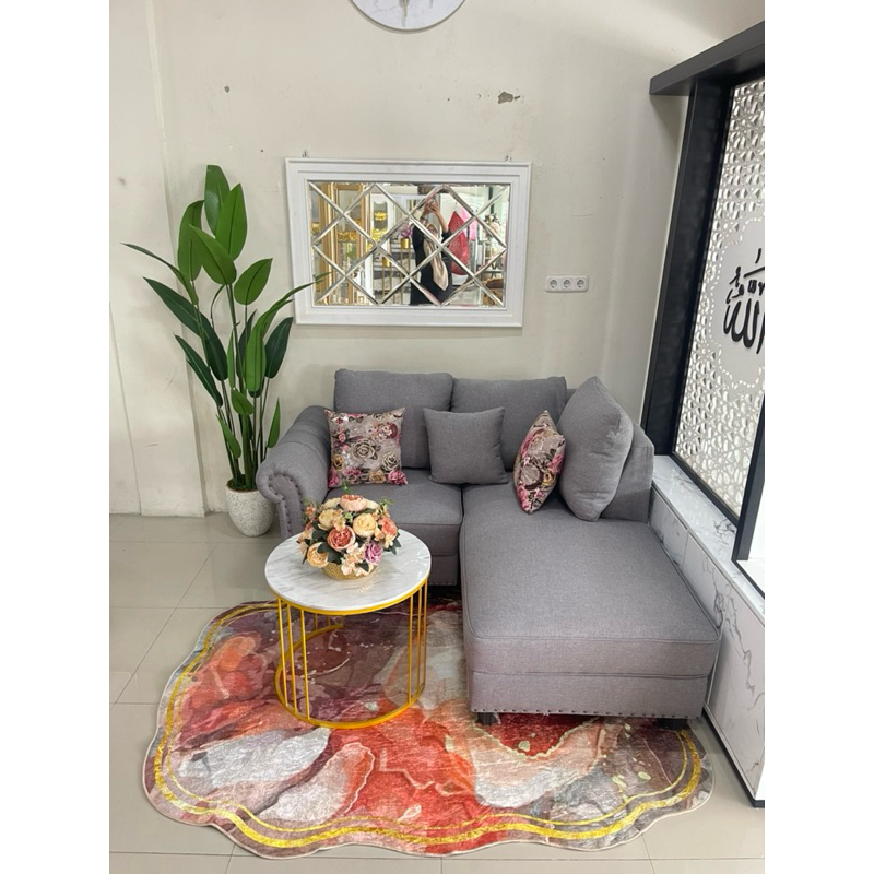 sofa L minimalis set meja hpl