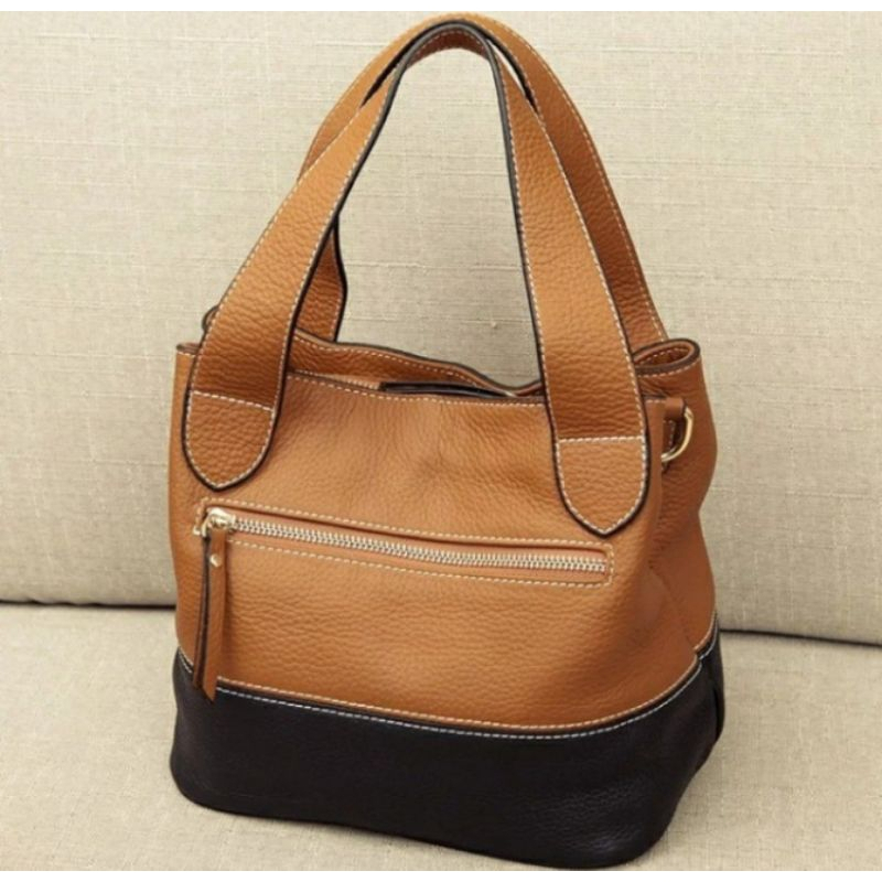 TAS SLEMPANG WANITA VARIASI COKLAT MUDA/TAN DAN HITAM BAHAN KULIT SAPI ASLI
