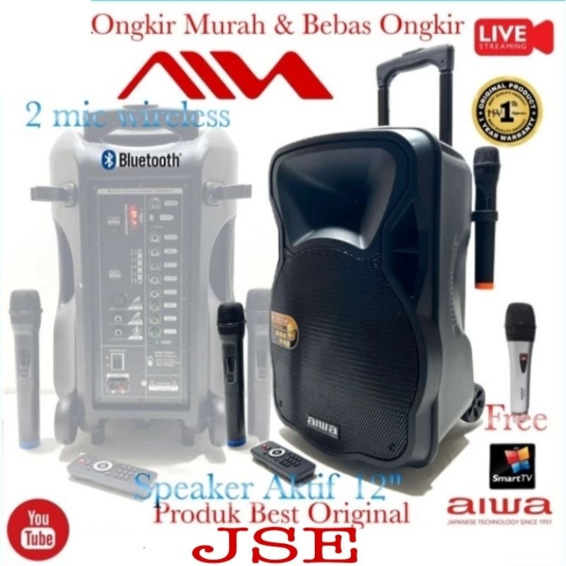 Speaker aktif Salon 12 inch Aiwa Mega Bass wireless microphone Karaoke